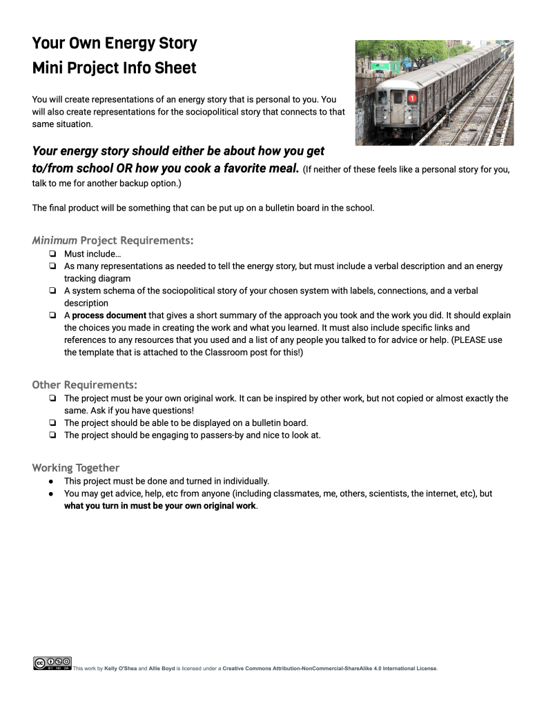 The first page of the project info sheet. It includes an image of the 1 train in NYC and some text with bullet points. It links to the full document.
